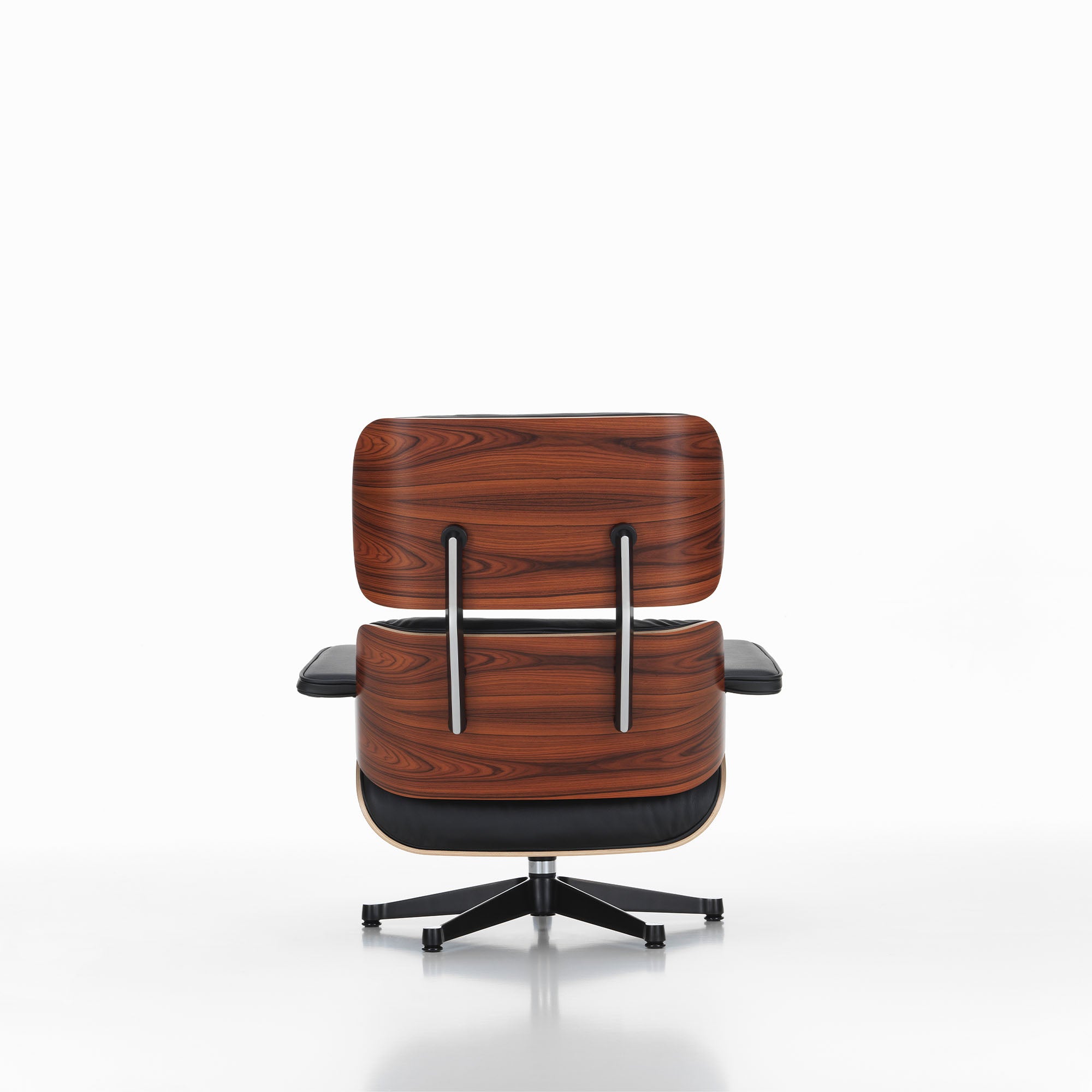 Eames Lounge Chair cu Otoman, lemn din palisandru și bază satinată cu laterale negre