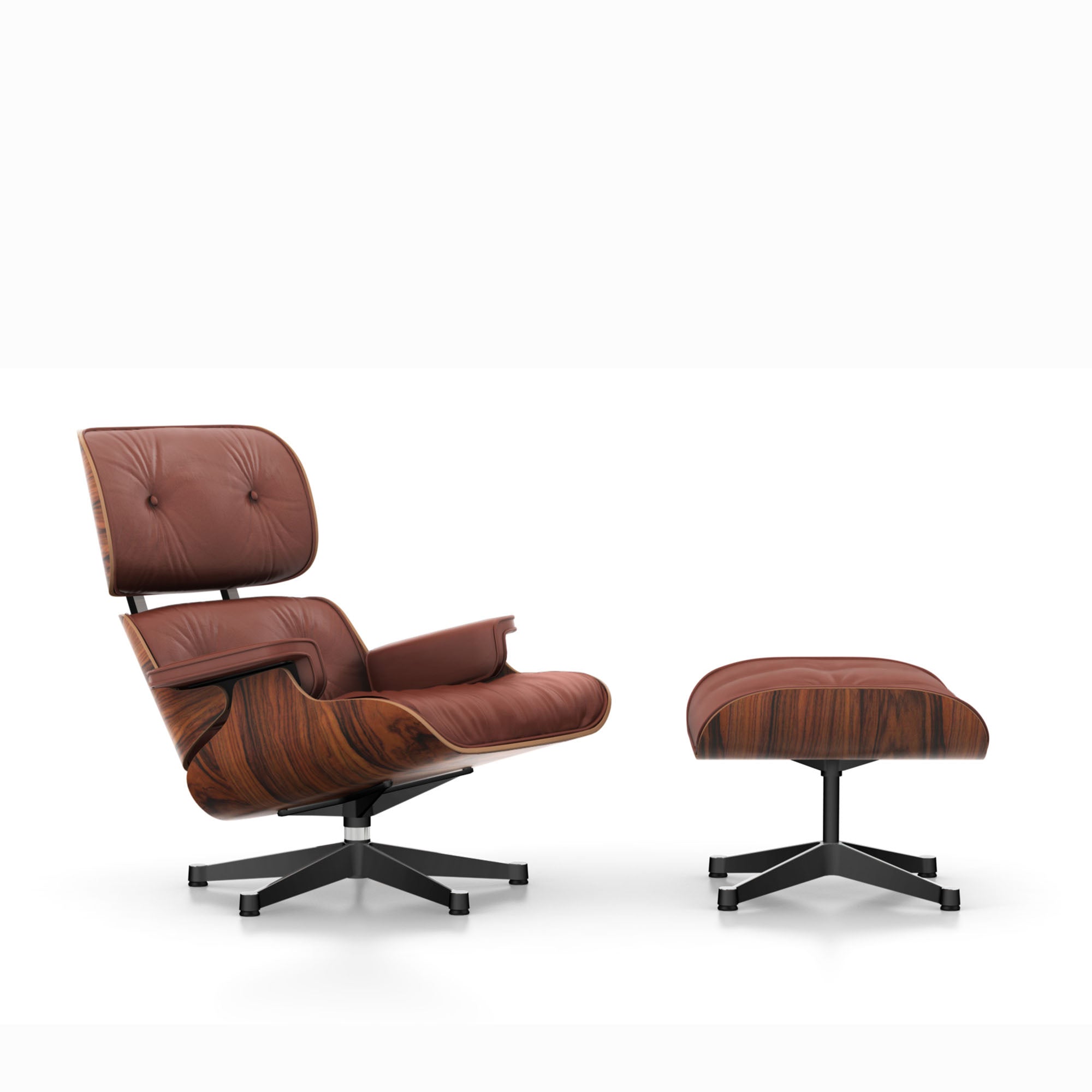 Eames Lounge Chair cu Otoman, lemn din palisandru și bază satinată cu laterale negre