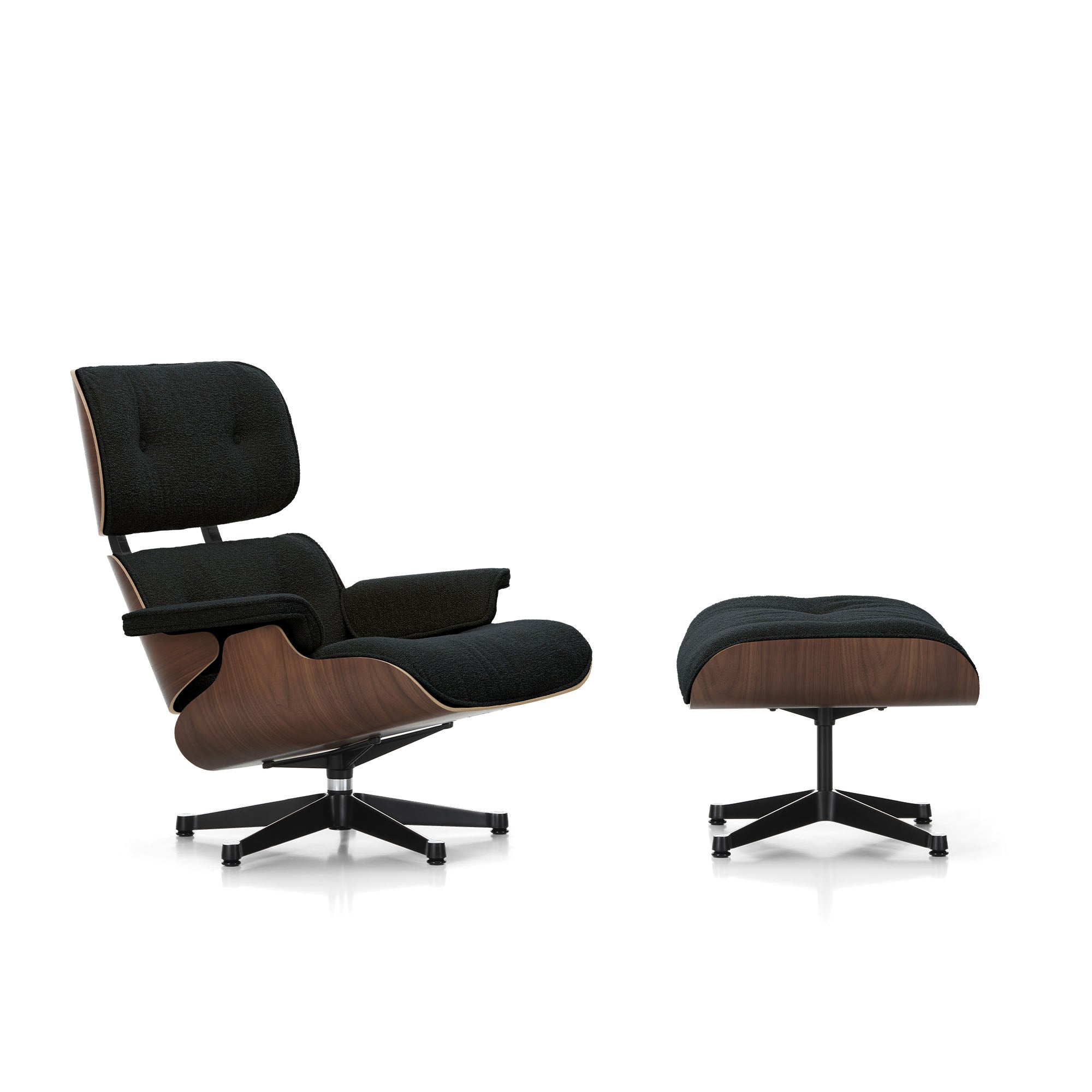 Eames Lounge Chair cu Otoman, lemn de nuc băițuit și bază satinată cu laterale negre