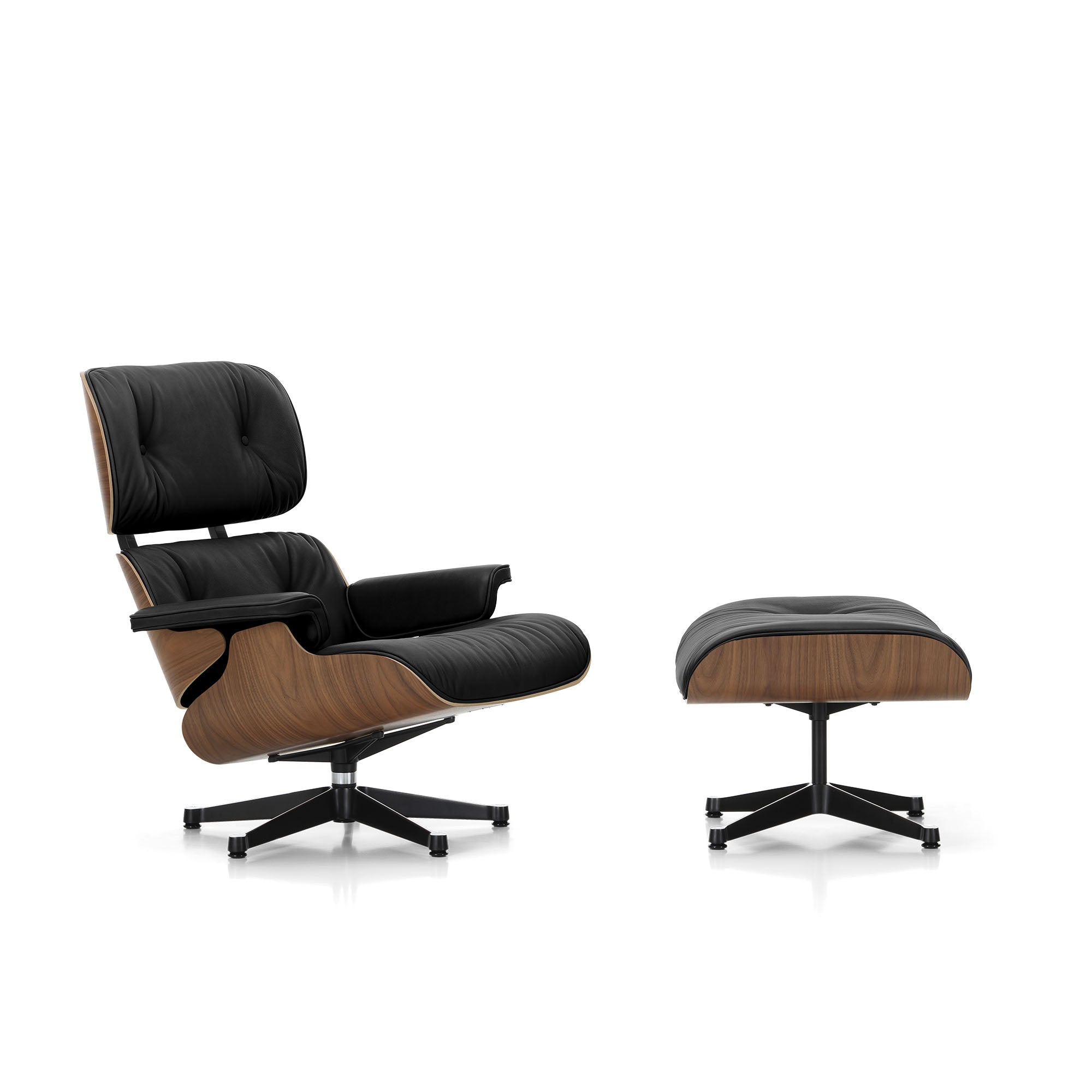 Eames Lounge Chair cu Otoman, lemn de nuc și bază satinată cu laterale negre