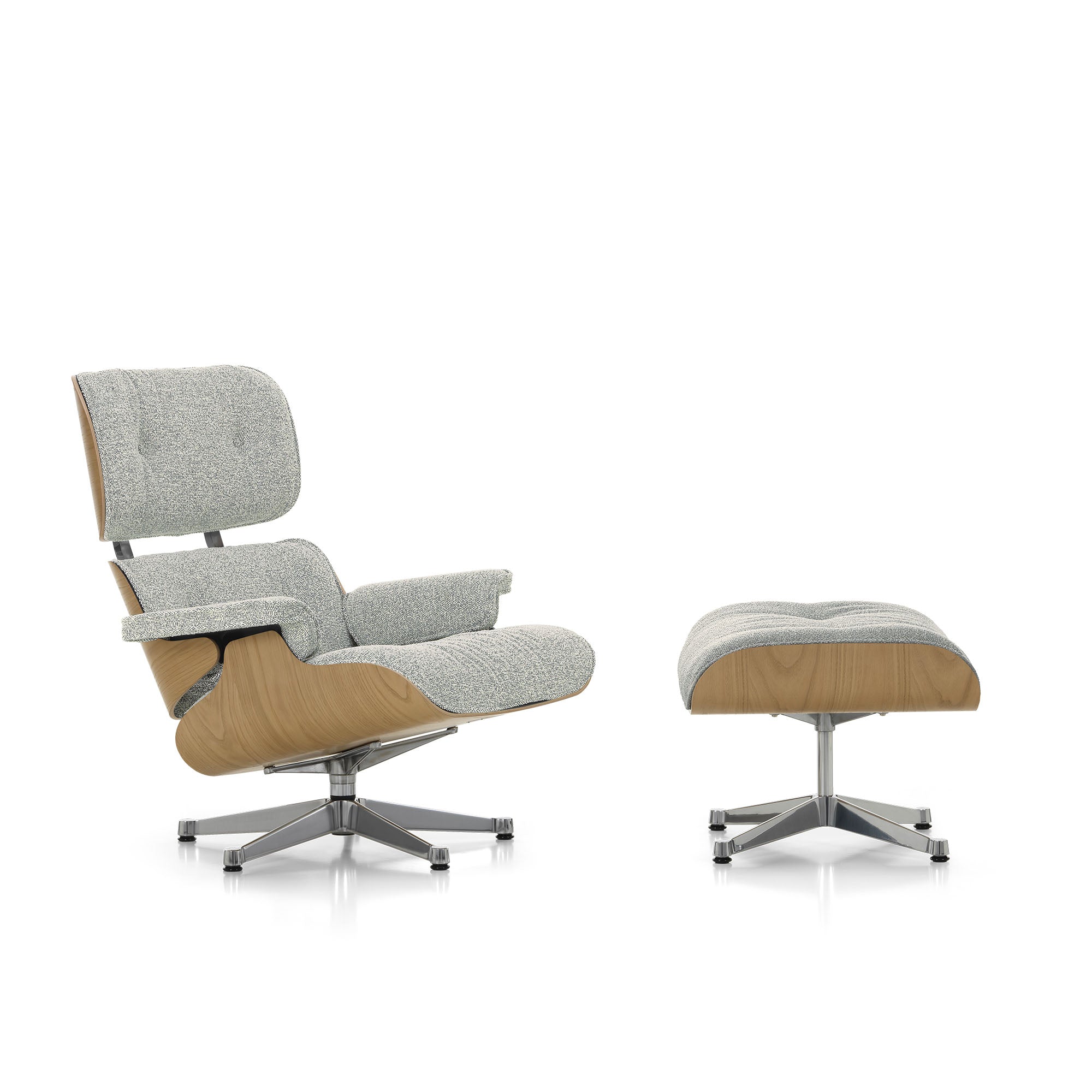 Eames Lounge Chair cu Otoman, lemn de castan și bază satinată
