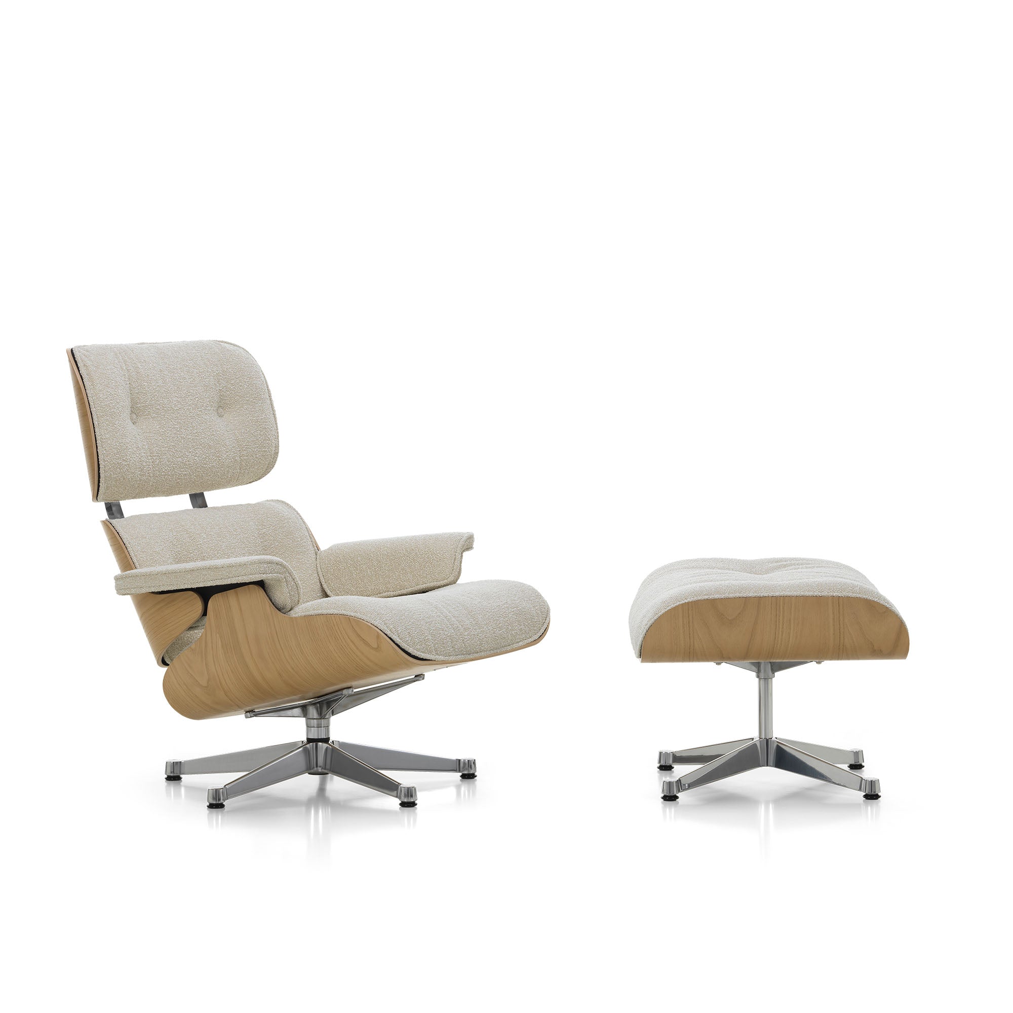 Eames Lounge Chair cu Otoman, lemn de castan și bază satinată