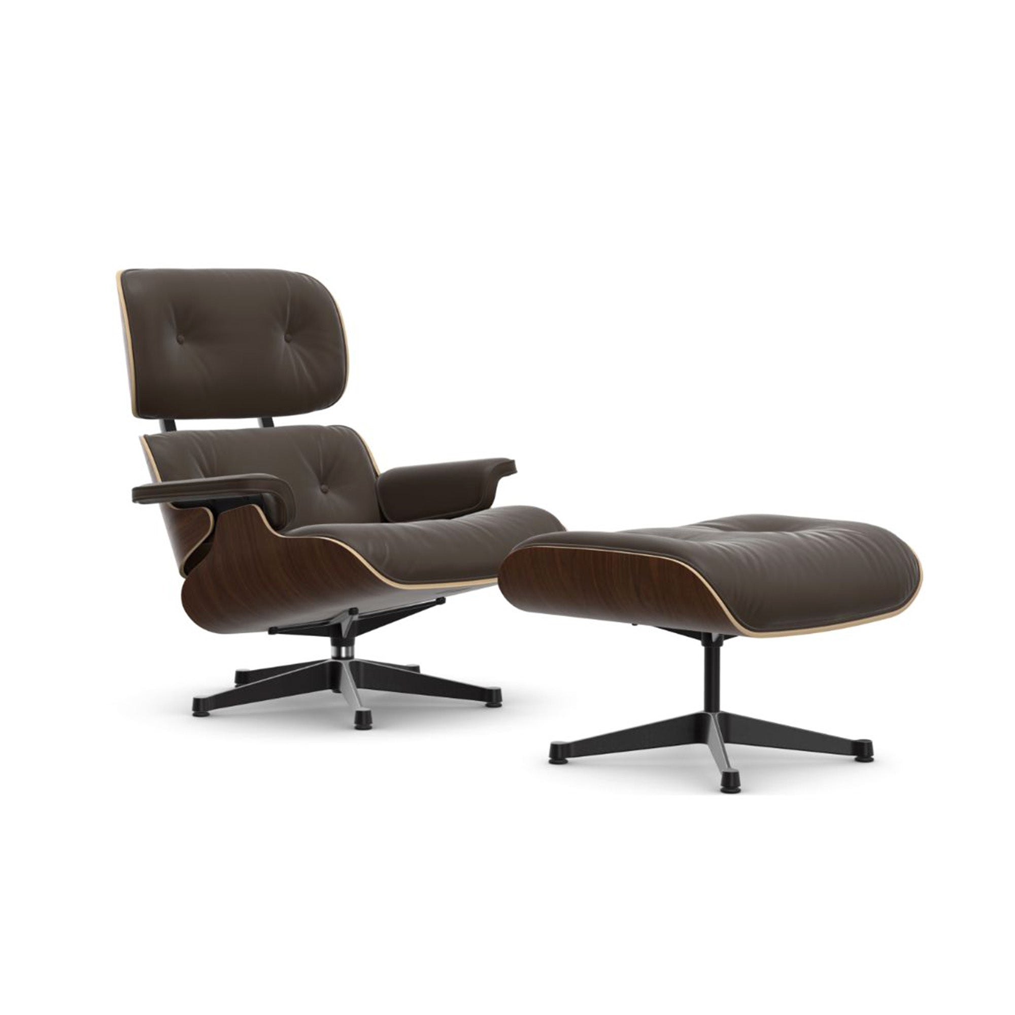 Eames Lounge Chair cu Otoman, lemn de nuc băițuit și bază satinată cu laterale negre