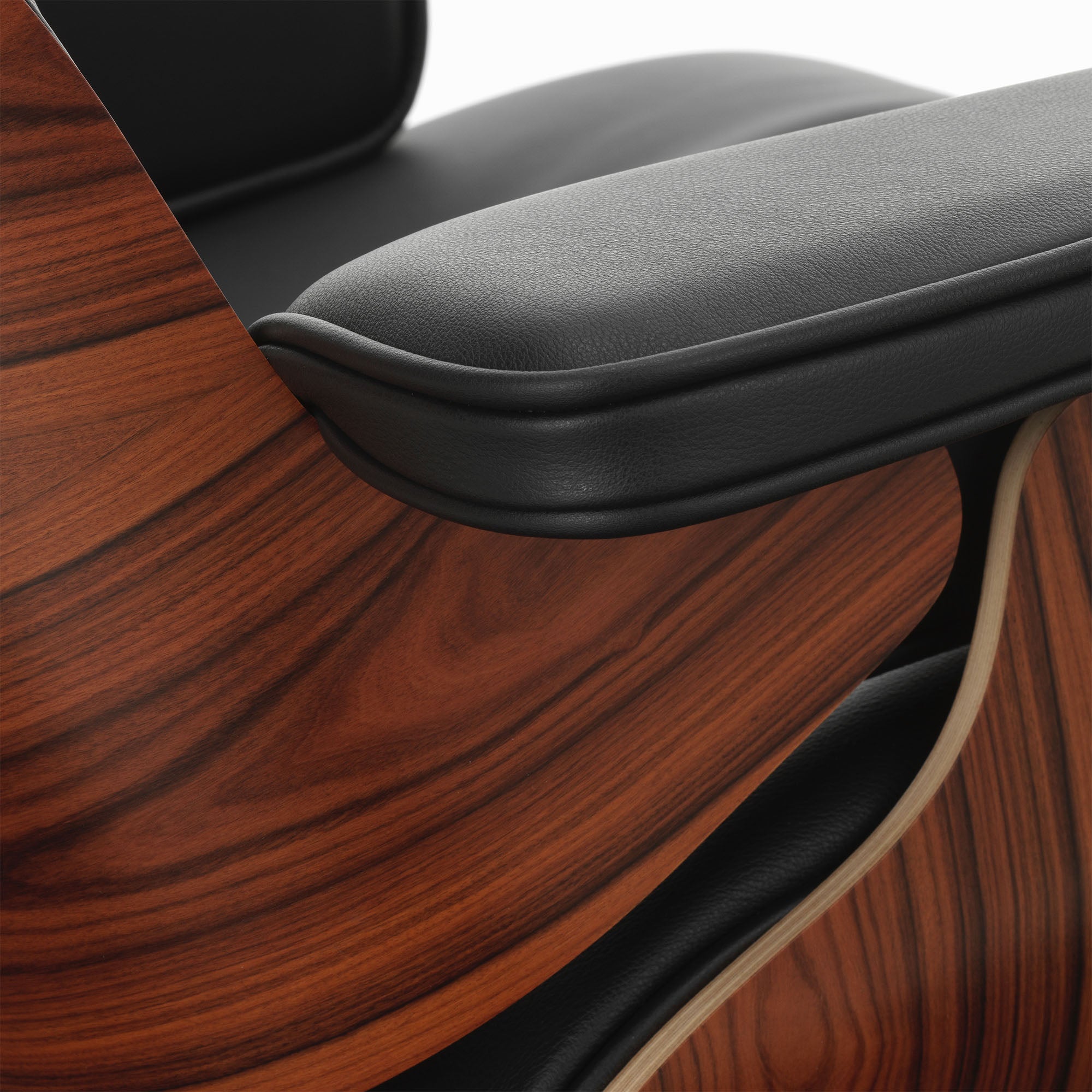 Eames Lounge Chair cu Otoman, lemn din palisandru și bază satinată