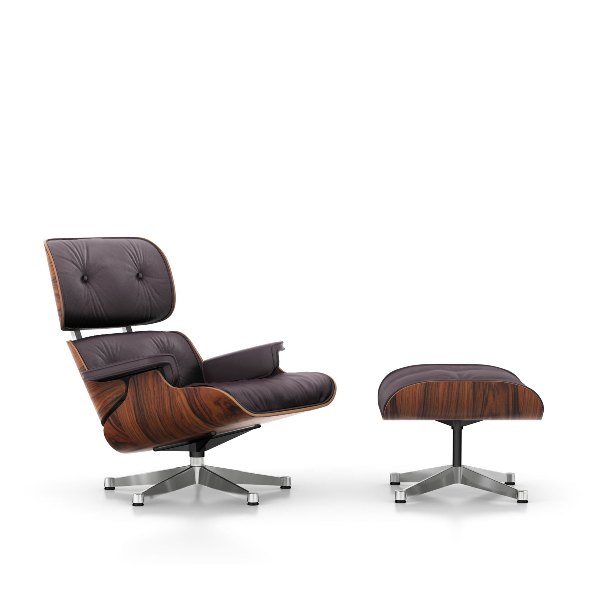 Eames Lounge Chair cu Otoman, lemn din palisandru și bază satinată