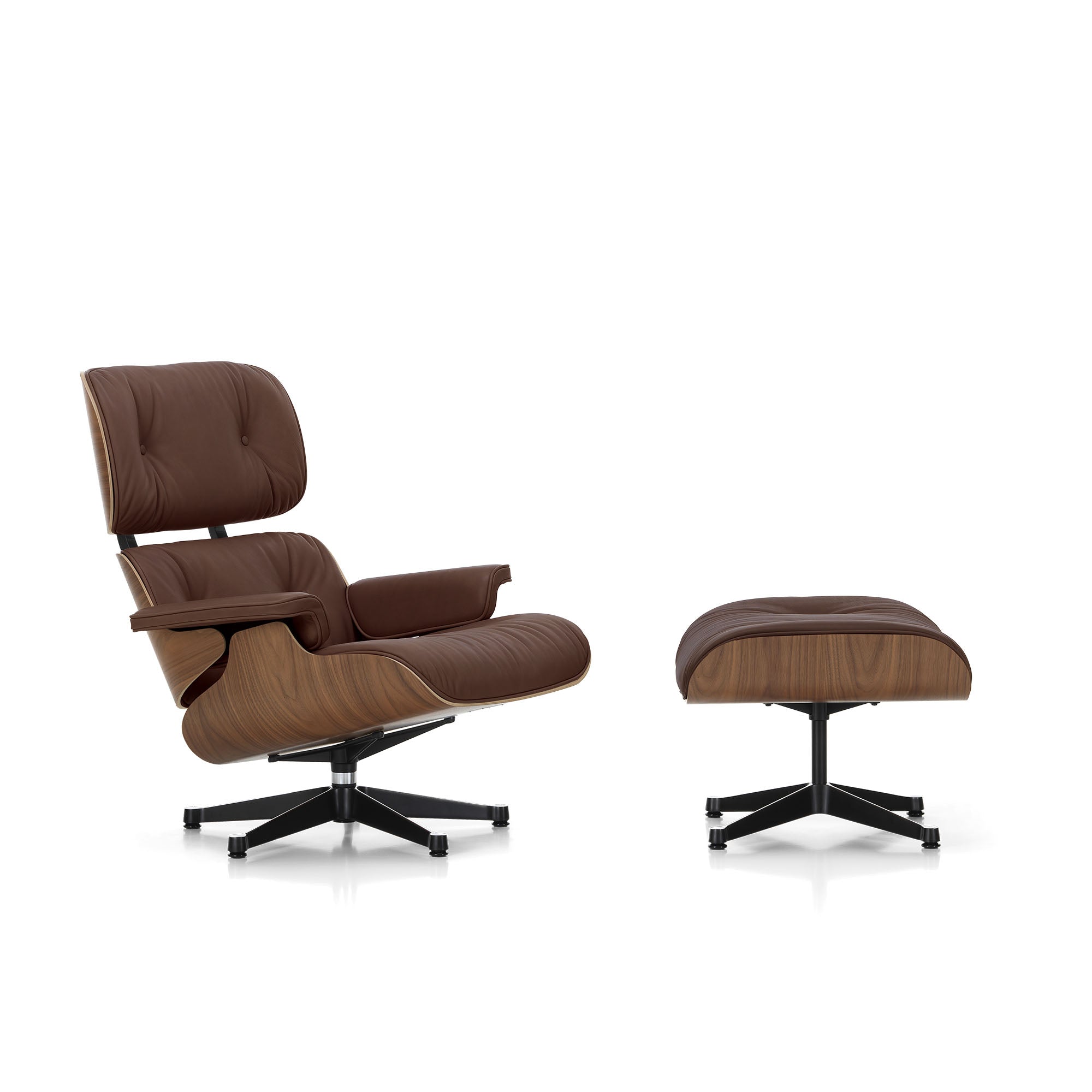 Eames Lounge Chair cu Otoman, lemn de nuc și bază satinată cu laterale negre