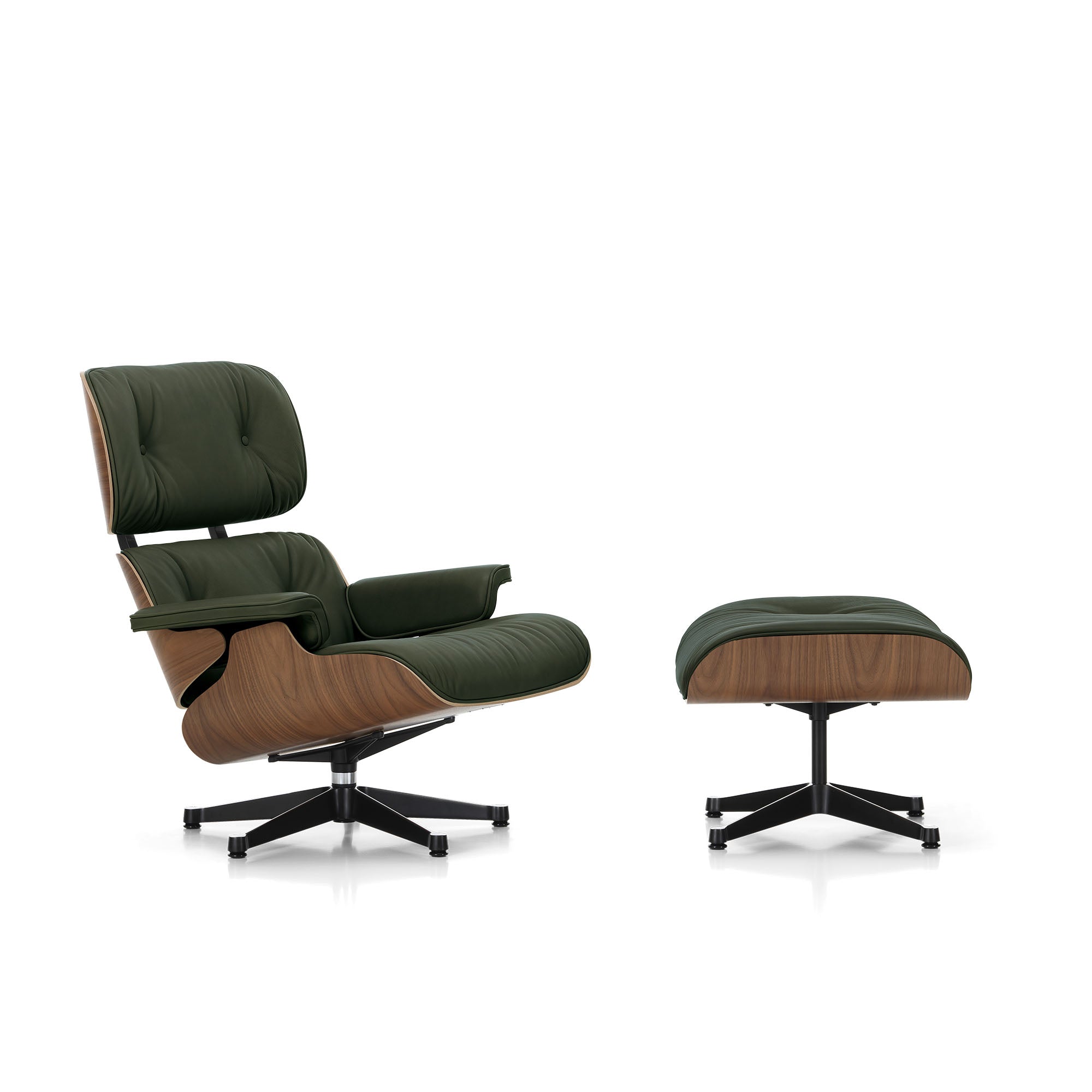 Eames Lounge Chair cu Otoman, lemn de nuc și bază satinată cu laterale negre