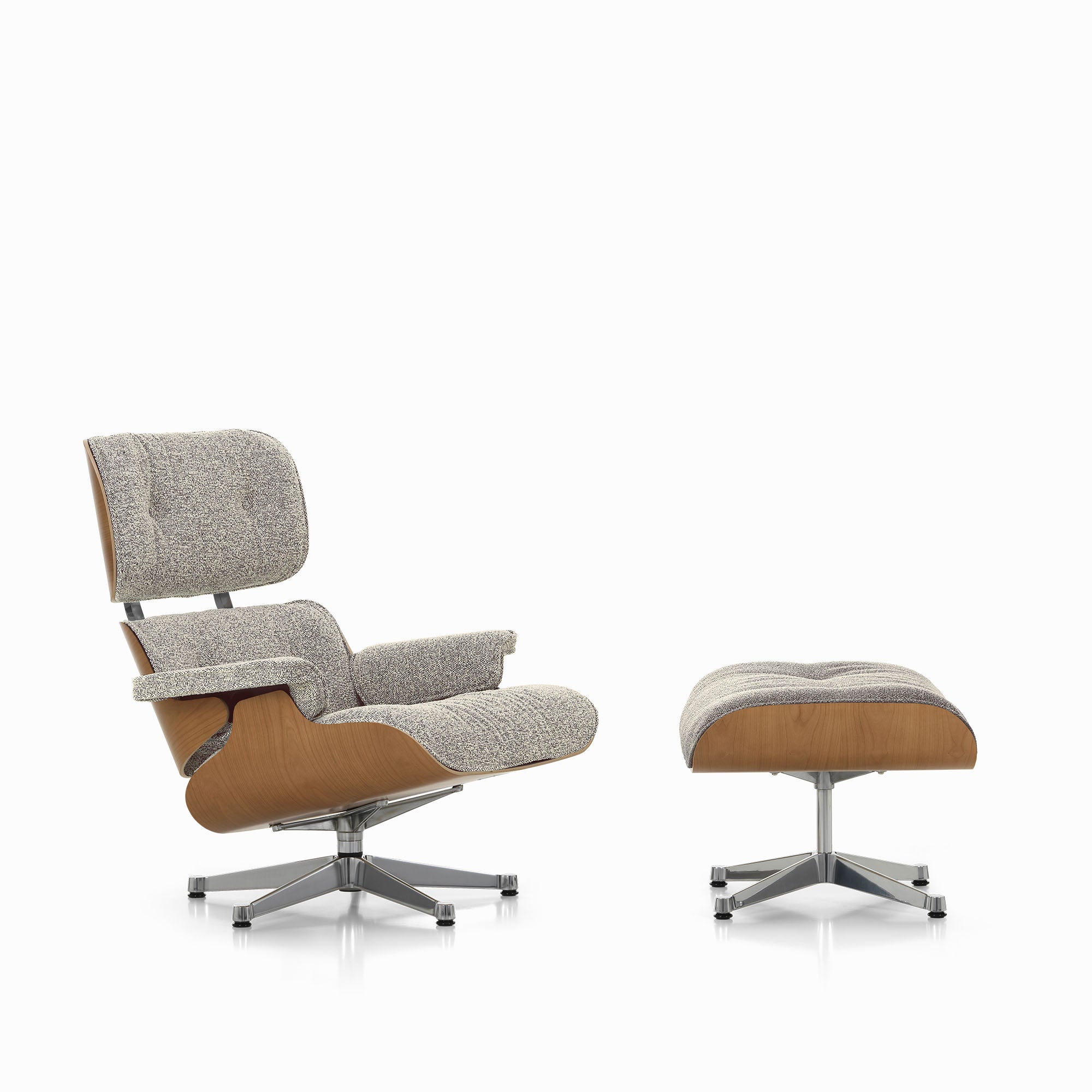 Eames Lounge Chair cu Otoman, lemn de cireș și bază satinată