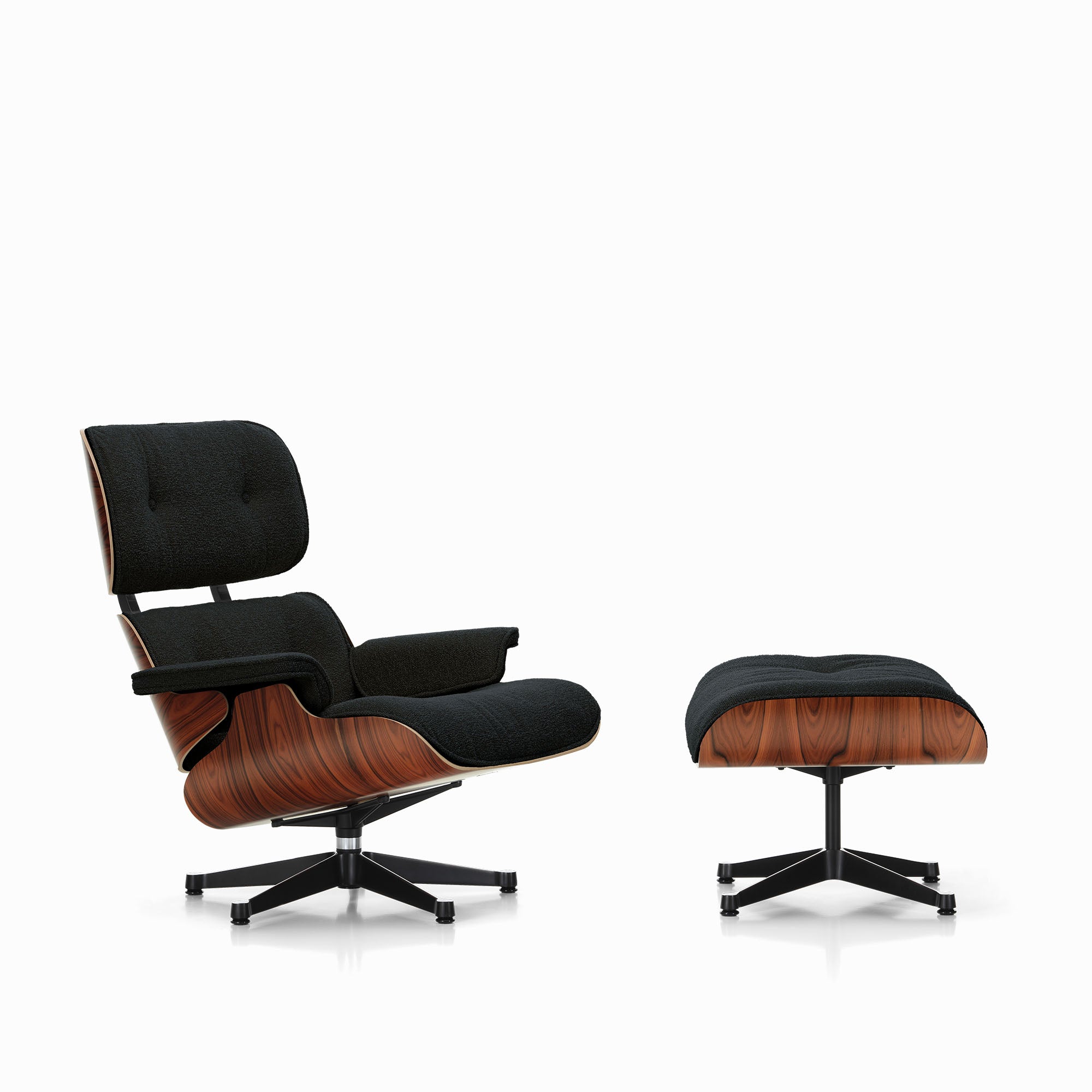 Eames Lounge Chair cu Otoman, lemn din palisandru și bază satinată cu laterale negre