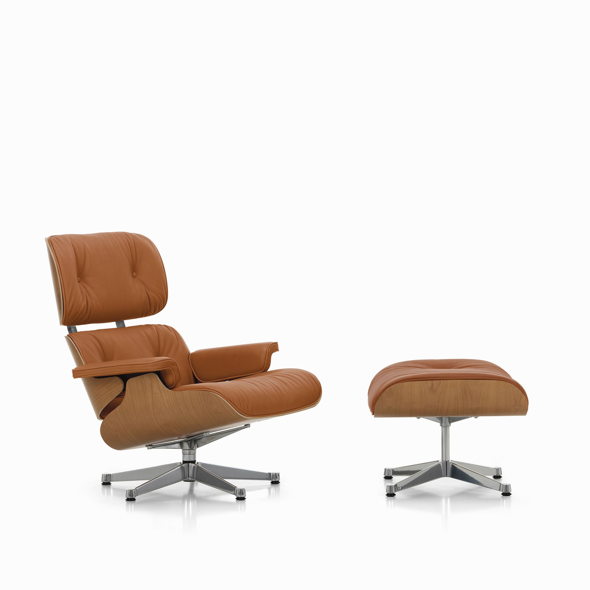 Eames Lounge Chair cu Otoman, lemn de cireș și bază satinată
