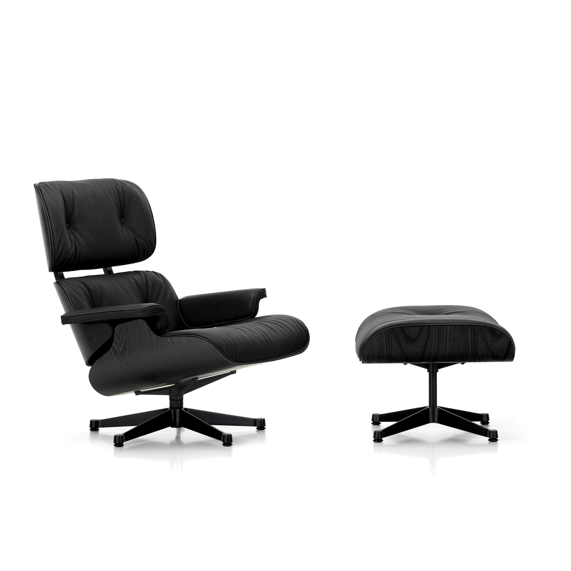 Eames Lounge Chair cu Otoman, lemn de castan vopsit negru și bază neagră