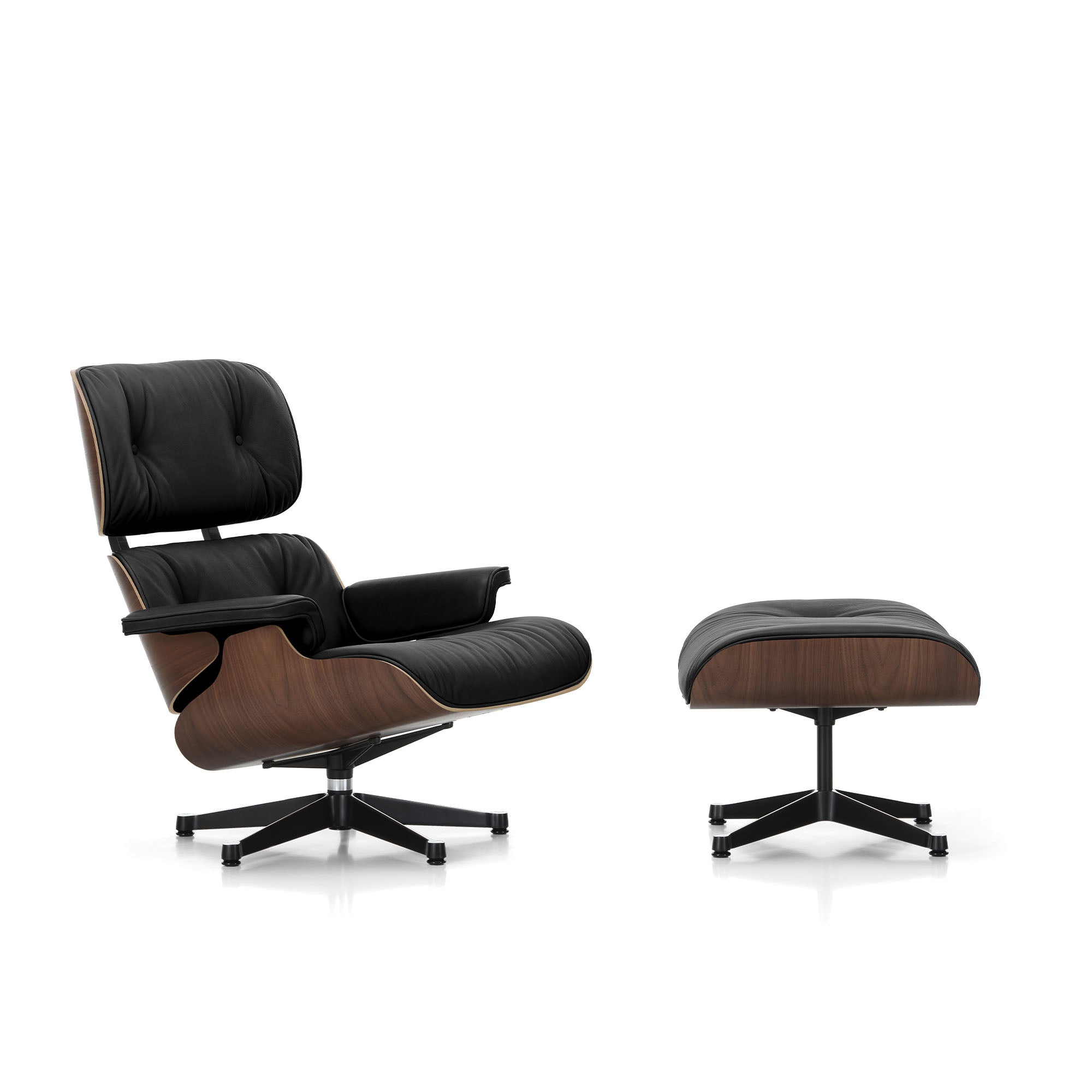 Eames Lounge Chair cu Otoman, lemn de nuc băițuit și bază satinată cu laterale negre