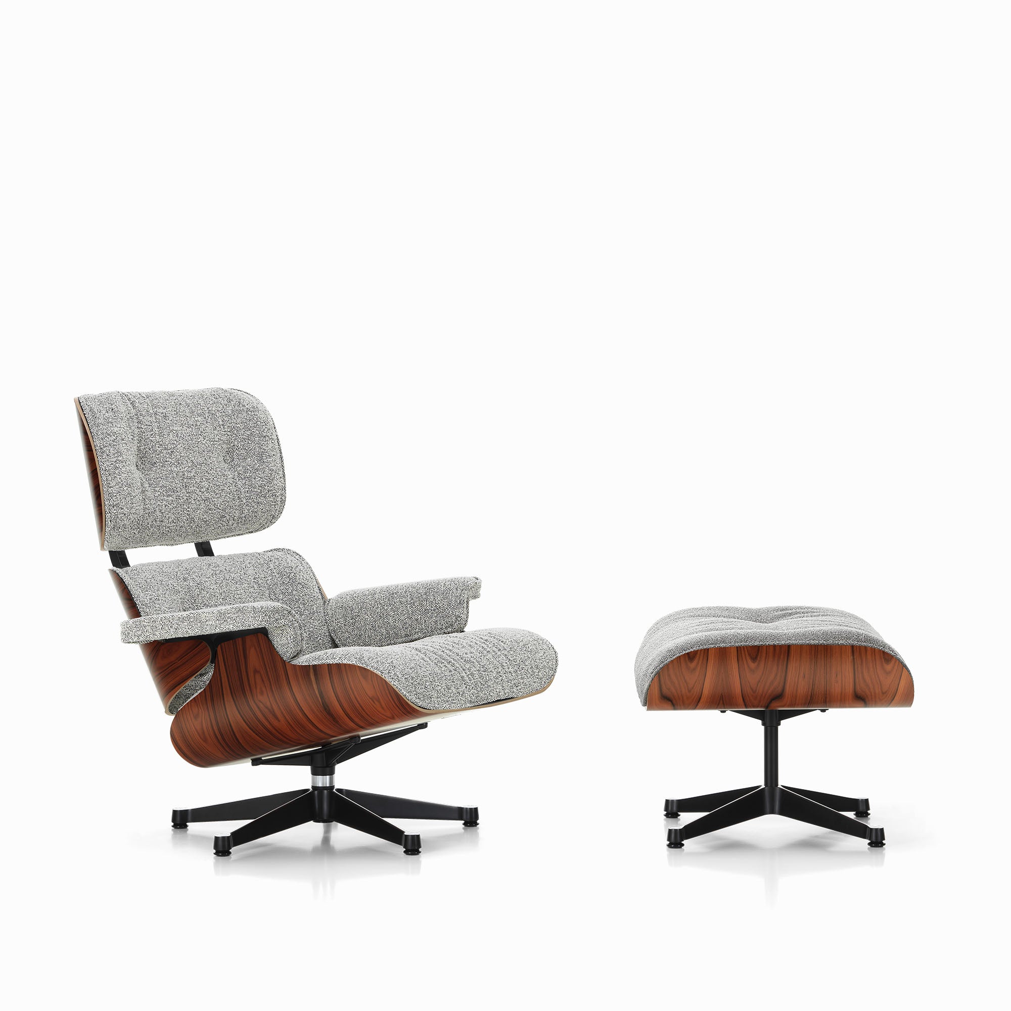 Eames Lounge Chair cu Otoman, lemn din palisandru și bază satinată cu laterale negre