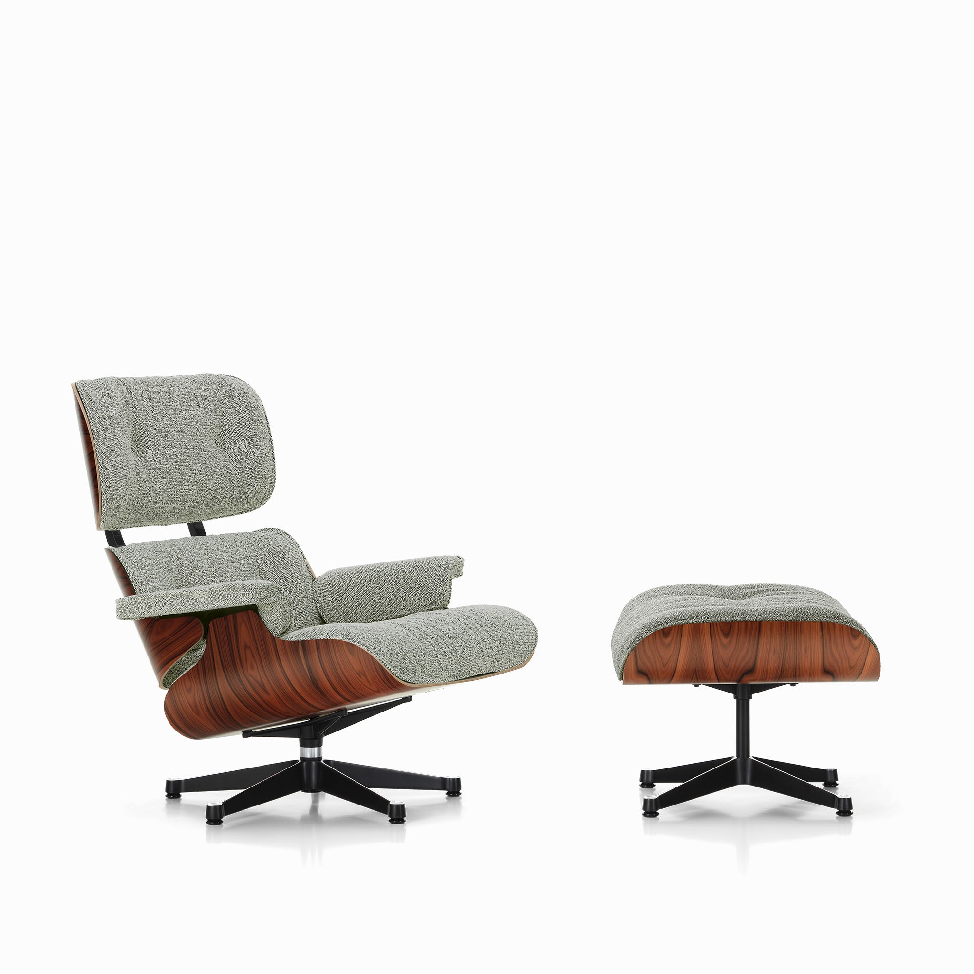 Eames Lounge Chair cu Otoman, lemn din palisandru și bază satinată cu laterale negre