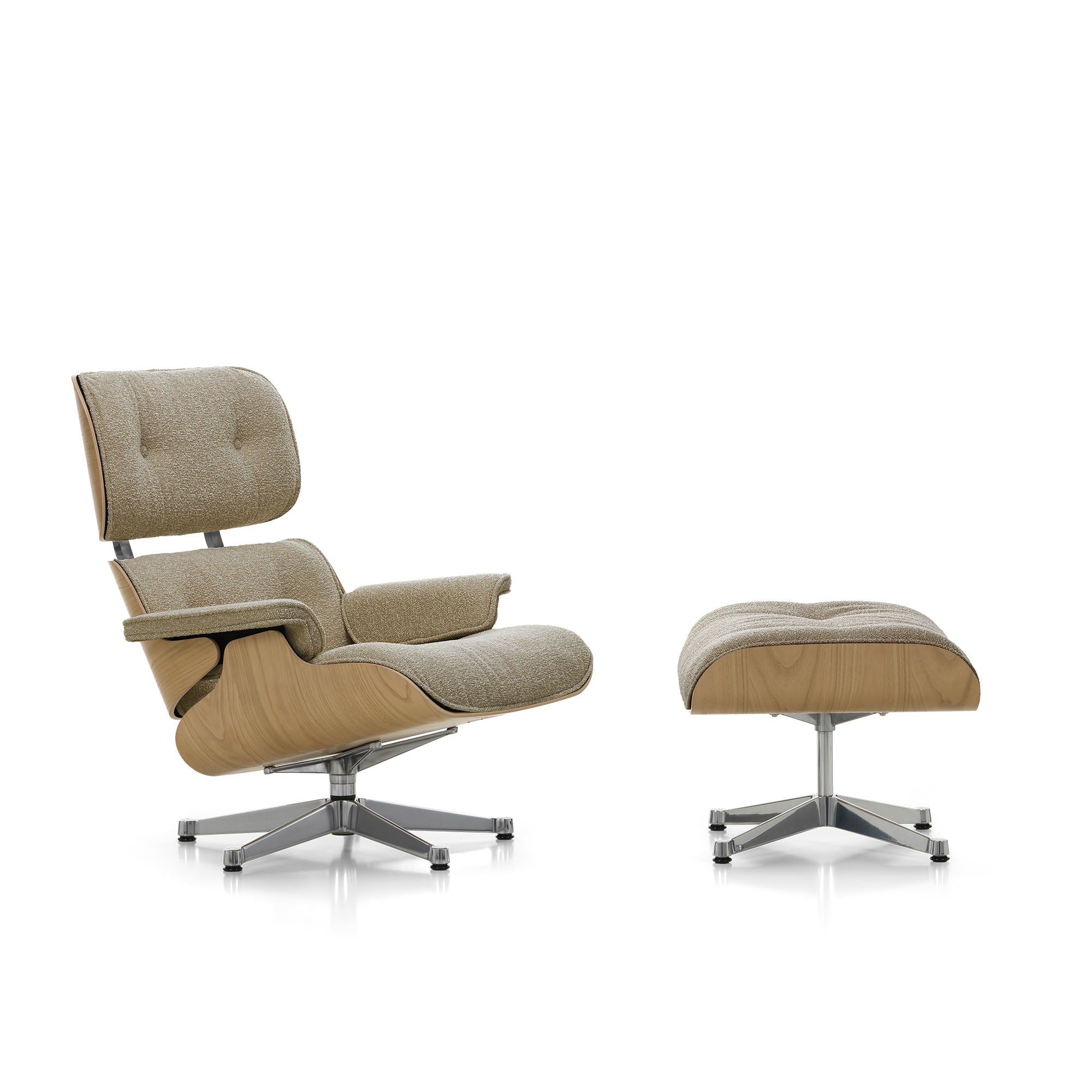 Eames Lounge Chair cu Otoman, lemn de castan și bază satinată