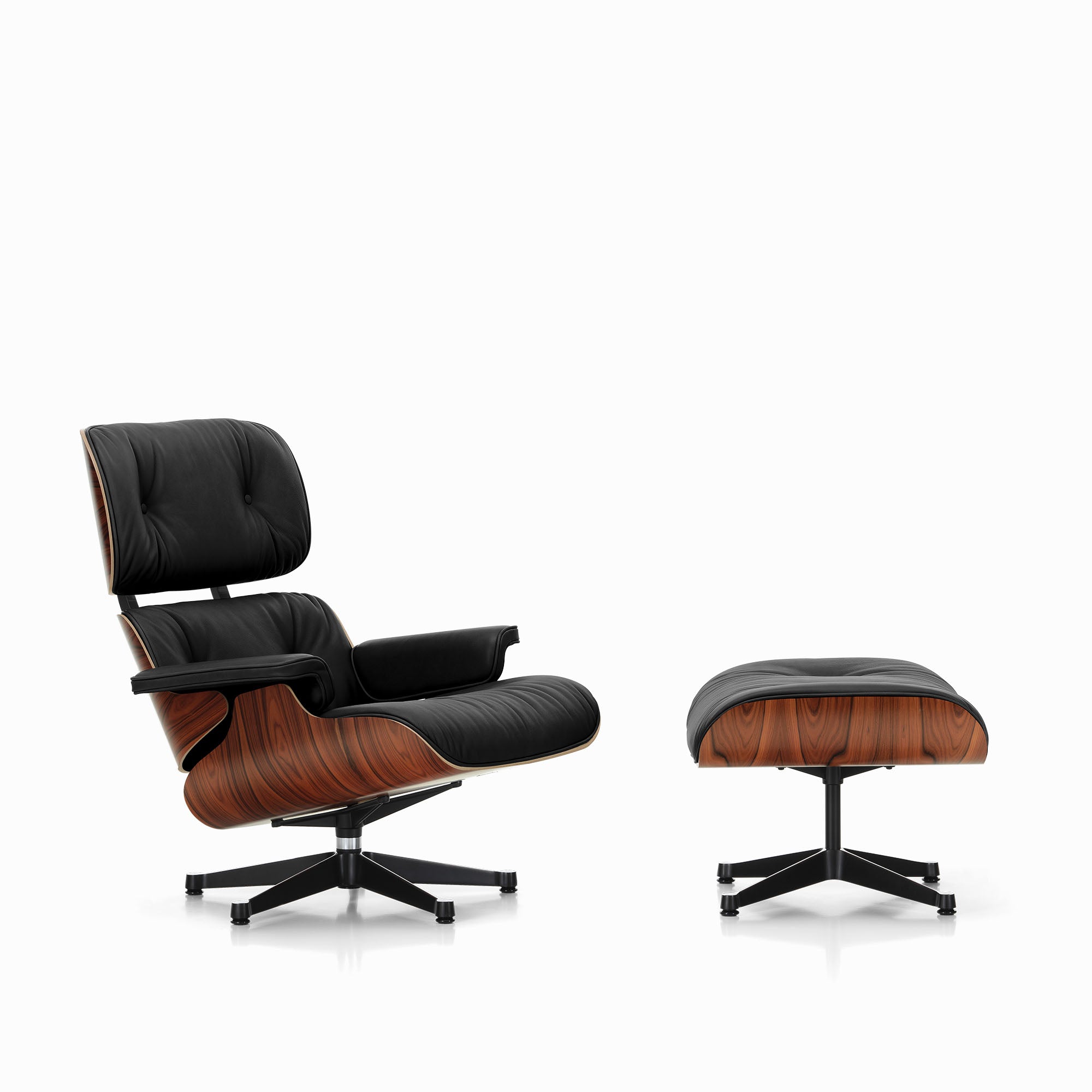 Eames Lounge Chair cu Otoman, lemn din palisandru și bază satinată cu laterale negre