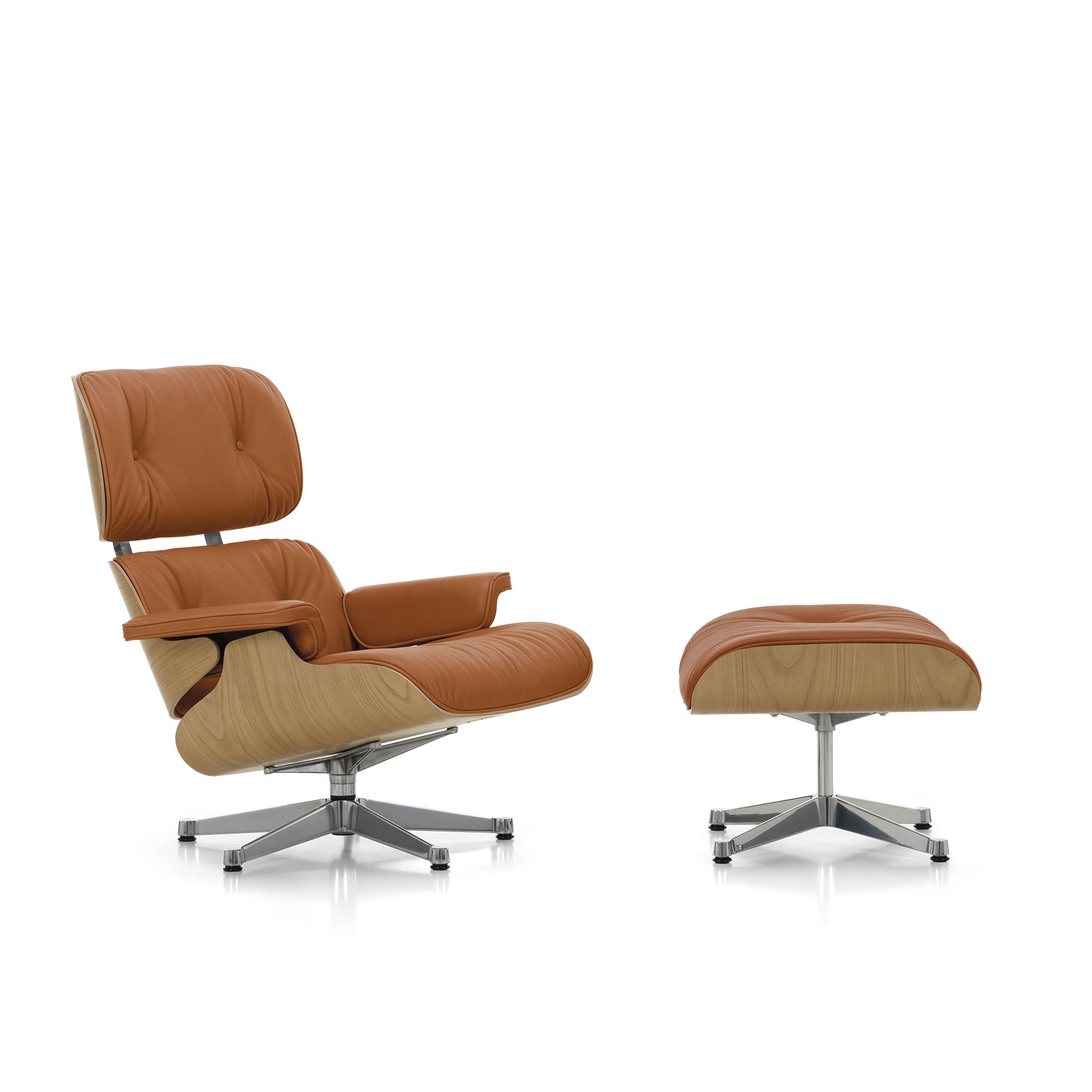 Eames Lounge Chair cu Otoman, lemn de castan și bază satinată