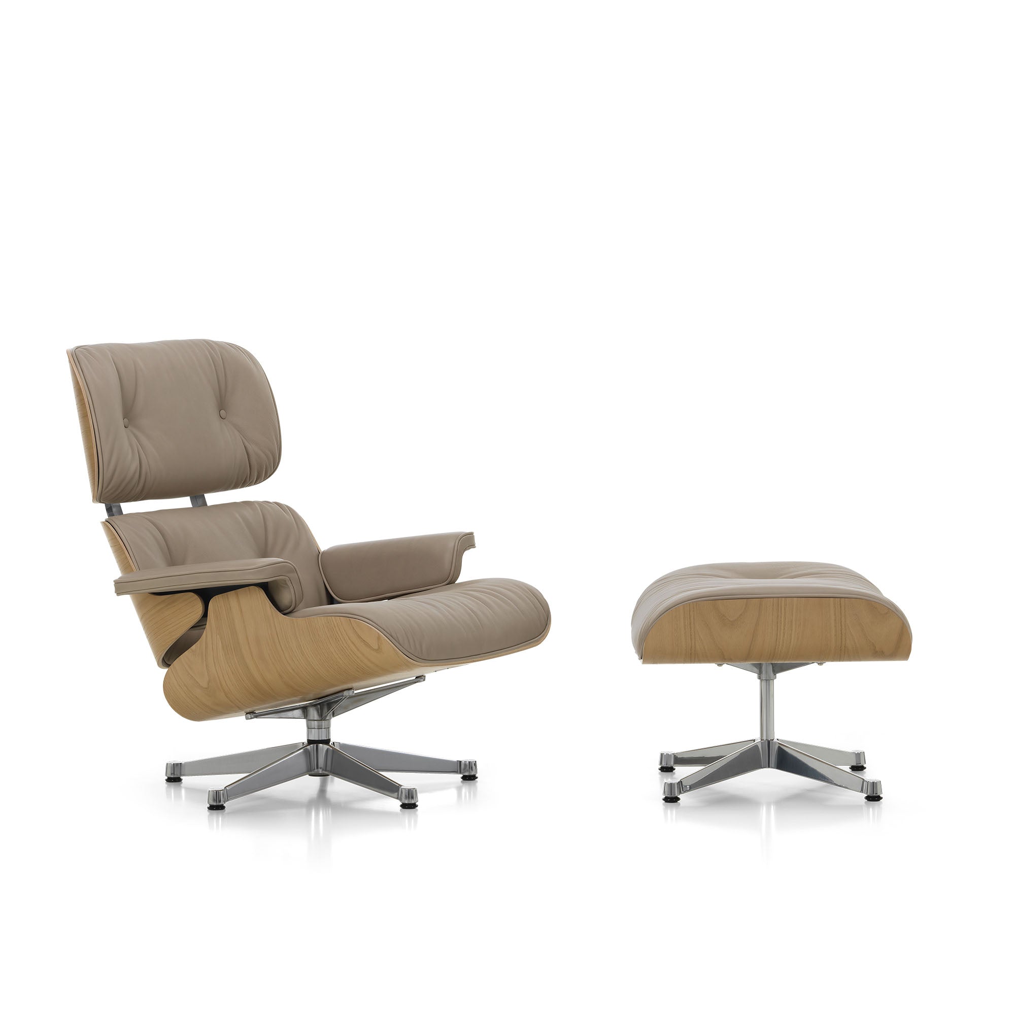 Eames Lounge Chair cu Otoman, lemn de castan și bază satinată